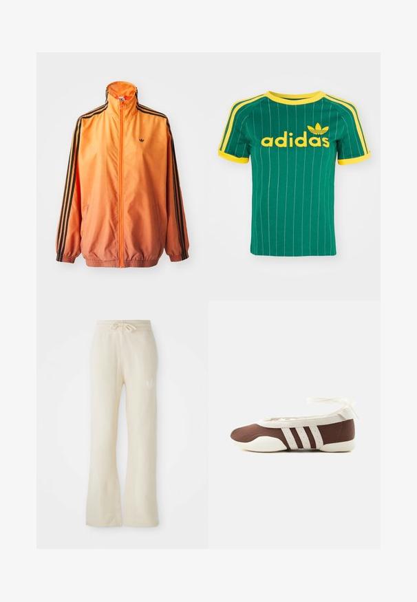 Orange gradient trackjakke lavet af glat stof, med sorte stribede detaljer, høj krave og elastiske manchetter samt lynlås foran.; Grøn bomulds T-shirt med lodrette hvide striber, gule accenter og "adidas" logo i gul skrift. Kortærmet og rund hals design.; Cremefarvede sweatpants med en blød tekstur, featuring en snoretræk i taljen og flair ben. Diskret logo detalje på venstre hofte.; Brun og hvid balletflad sko med tre hvide striber og ankelbånds sløjfe på en ensartet lys baggrund.
