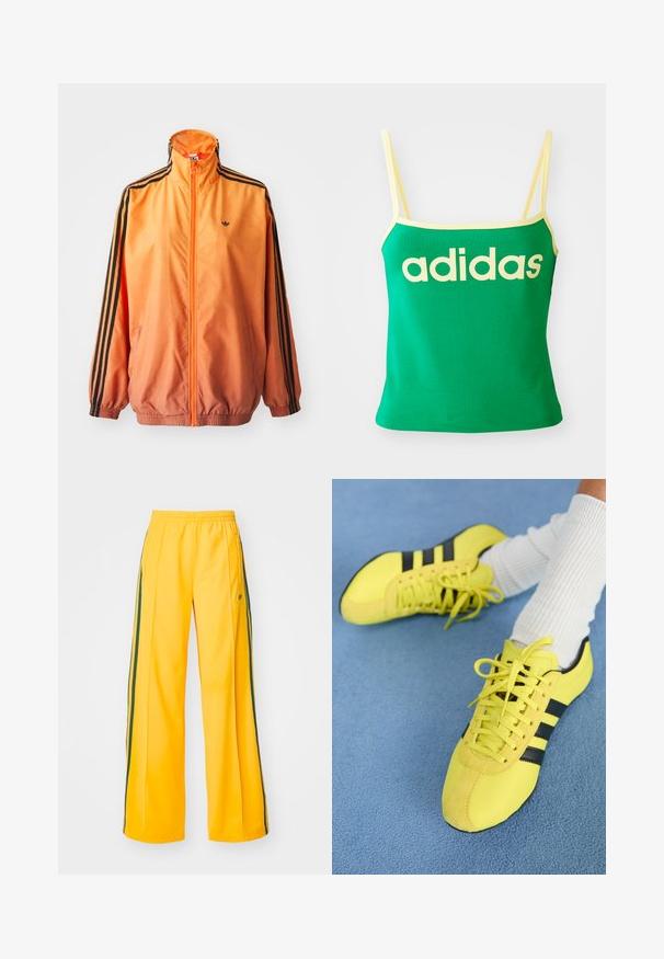 Orangene Gradient-Trackjacke aus glattem Stoff mit schwarzen Streifenakzenten, hohem Kragen und elastischen Bündchen sowie einem Frontreißverschluss.; Grünes Tanktop mit gelben Akzenten, aus dehnbarem Material. Lieferumfang: großes gelbes "adidas"-Logo auf der Vorderseite und dünne Träger.; Gelbe Sporthosen mit weitem Bein, ausgestattet mit grünen Seitenstreifen und einem kleinen Logo auf der linken Hüfte. Elastischer Bund für mehr Komfort.; Helle gelbe Sportschuhe mit schwarzen Streifen und Schnürsenkeln; besitzen ein strukturiertes Obermaterial und Wildlederakzente. Getragen mit weißen gerippten Socken.