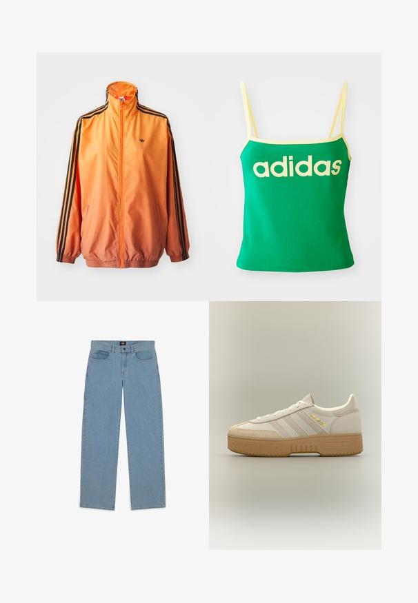 Chaqueta de chándal con degradado naranja, confeccionada en tejido suave, con acentos de rayas negras, cuello alto y puños elásticos, además de un cierre frontal de cremallera.; Top verde con detalles amarillos, hecho de material elástico. Presenta un gran logo de "adidas" amarillo en el frente y tirantes delgados.; Vaqueros azul claro, corte holgado, tejido de denim, diseño de cinco bolsillos, cierre de botón, perneras rectas, costuras visibles, sin patrones ni acentos.; Zapatilla Adidas crema y beige con suela de goma, tres rayas en el lateral, y "SPECIAL" escrito en dorado cerca de los cordones.