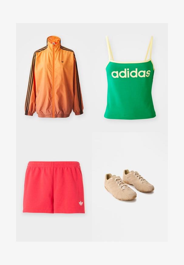Veste de survêtement en dégradé orange, fabriquée dans un tissu lisse, avec des accents en rayures noires, un col haut et des poignets élastiques, ainsi qu'une fermeture éclair sur le devant.; Débardeur vert avec des accents jaunes, fabriqué dans un matériau extensible. Présente un grand logo "adidas" jaune sur le devant et des bretelles fines.; Shorts de sport rouges avec ceinture élastique et petit logo Adidas blanc sur la partie inférieure gauche de la jambe, sur un fond uni.; Baskets de sport beiges avec une tige en daim texturé, une semelle en caoutchouc courbée saillante et un système de laçage. Présente des détails en relief sur les côtés.