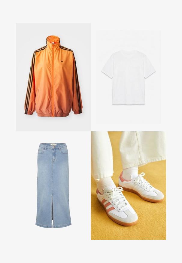 Orange gradient trackjakke lavet af glat stof, med sorte stribede detaljer, høj krave og elastiske manchetter samt lynlås foran.; Hvid ensfarvet t-shirt med korte ærmer og rund hals, lagt fladt på en hvid baggrund.; Lys blå denim midi-nederdel med en frontslids, lige snit, klassisk fem-lomme design og en falmet finish. Har hvidt mærke.; Hvide sportsko med lyserøde accenter, lavet af ruskind og læder, rund tå og gummisål, vist med lyse sokker på en gul baggrund.