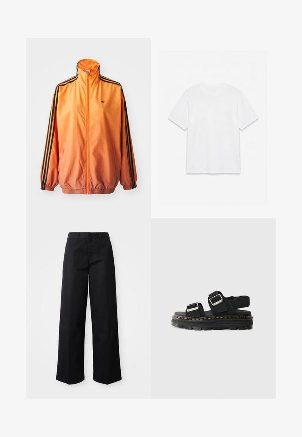 Veste de survêtement en dégradé orange, fabriquée dans un tissu lisse, avec des accents en rayures noires, un col haut et des poignets élastiques, ainsi qu'une fermeture éclair sur le devant.; T-shirt blanc uni à manches courtes et col rond, posé à plat sur un fond blanc.; Pantalons larges noirs en tissu de coton doux. Dotés d'une taille classique, de poches latérales et d'une coupe droite jusqu'à l'ourlet.; Sandale noire avec deux sangles ajustables et boucles métalliques. Semelle épaisse en plateforme noire avec des coutures jaunes. Matière en daim.