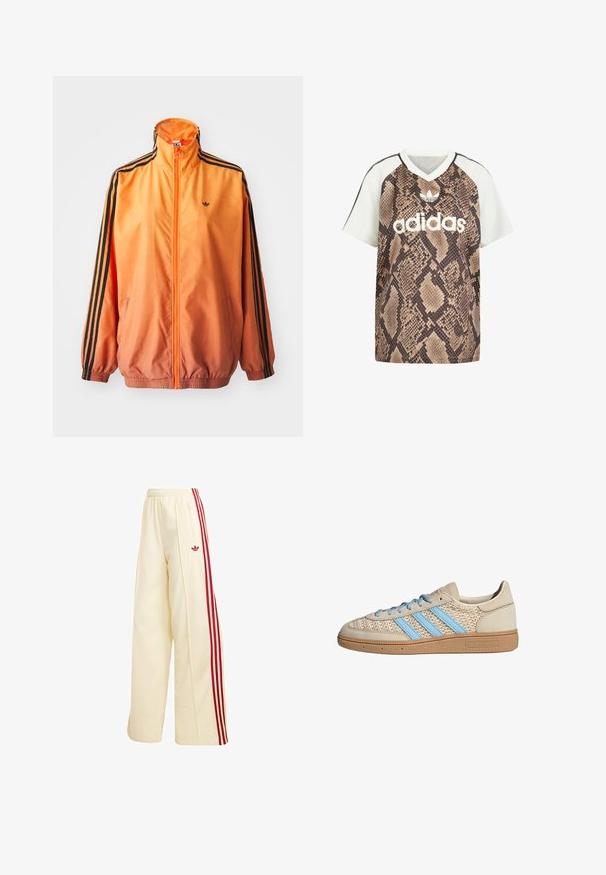 Orange gradient trackjakke lavet af glat stof, med sorte stribede detaljer, høj krave og elastiske manchetter samt lynlås foran.; Adidas kortærmet V-hals shirt med hvide ærmer og brun slangeprint krop, med hvid Adidas-logo og trefoil-emblem foran.; Kremfarvede vidde træningsbukser med røde sidelommer, elastisk talje, lynlåslomme og rødt Adidas-logo på låret.; Beige sneakers med en tekstureret strik-overdel, lyseblå striber og brun gummisål. Har runde snørebånd og logodetalje på siden.