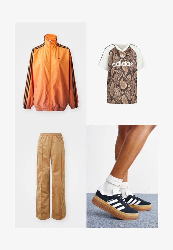 Chaqueta de chándal con degradado naranja, confeccionada en tejido suave, con acentos de rayas negras, cuello alto y puños elásticos, además de un cierre frontal de cremallera.; Camiseta Adidas de manga corta con cuello en V, mangas blancas y cuerpo con estampado de serpiente marrón, con logo blanco de Adidas y emblema de trébol en el frente.; Pantalones de pierna ancha en tono beige, fabricados con un material suave y aterciopelado. Cuentan con una cinturilla elástica y costuras verticales en la parte delantera para un detalle adicional.; Piernas con calcetines blancos y zapatillas Adidas Gazelle negras con rayas blancas y suelas marrones gruesas sobre un suelo alfombrado gris.