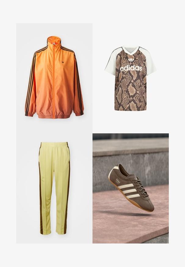 Orange gradient trackjakke lavet af glat stof, med sorte stribede detaljer, høj krave og elastiske manchetter samt lynlås foran.; Adidas kortærmet V-hals shirt med hvide ærmer og brun slangeprint krop, med hvid Adidas-logo og trefoil-emblem foran.; Gule træningsbukser med et glat stof, der har brune sidelister, elastisk talje og to sidelommer.; Brun ruskindssneaker med hvide striber og branding, med rund tå og ydersål af gummibelagt gummi, hængende over en struktureret overflade.