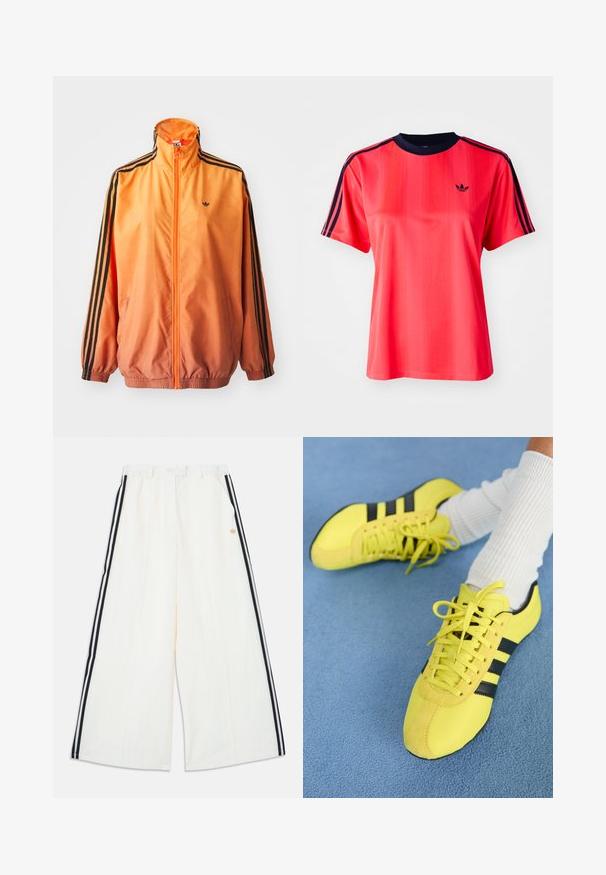 Oranžistest gradientidega jooksjakas, mis on valmistatud siledast kangast, mustade triipudega aktsentidega, kõrge kaelusega ja elastsete paeltega, ees tõmblukuga.; Punane sportlik t-särk lühikeste varrukatega, millel on vertikaalsed triibud, tumesinine ümmargune kaelus ja väike must logo ees.; Valged laiade pükstega, mille külgedel on must-valged triibud ja elastne vöökoht, paremal küljel on väike kuldne logo.; Kirkad kollased spordijalatsid mustade triipude ja nööridega; omavad tekstuurset pealisosa ja sametist detaile. Seljas valged ribadega sokid.