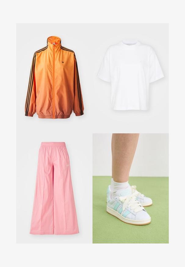 Orangene Gradient-Trackjacke aus glattem Stoff mit schwarzen Streifenakzenten, hohem Kragen und elastischen Bündchen sowie einem Frontreißverschluss.; Weißes Baumwoll-T-Shirt mit Rundhalsausschnitt, kurzen Ärmeln und lockerer Passform. Verfügt über ein dezentes Logo auf der linken Brustseite. Glatte Textur.; Rosa weit geschnittene Hosen aus einem leichten Stoff, mit einem elastischen Bund und dezenten weißen Seitenstreifen. Kleines Logo auf der Vorderseite.; Weiße Leder-Sneaker mit mintfarbenen Akzenten, rundem Logo und cremefarbenen Schnürsenkeln; strukturierte Gummisohle; kombiniert mit weißen Socken auf grünem Boden.