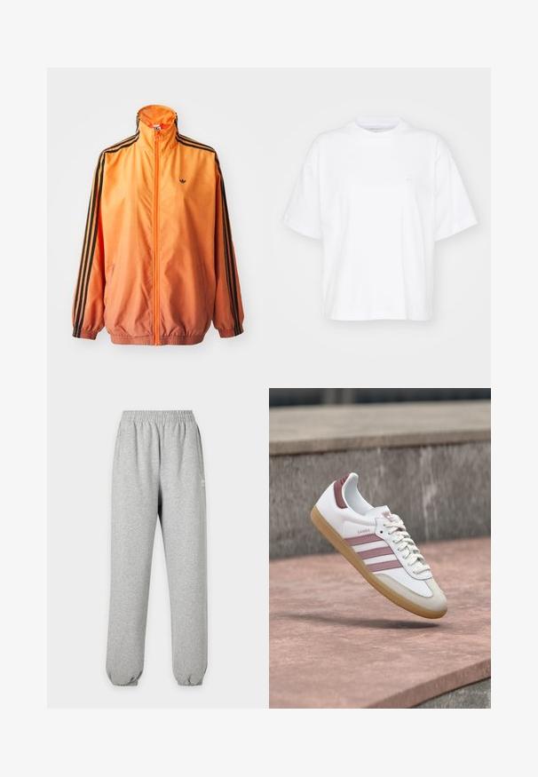 Orangene Gradient-Trackjacke aus glattem Stoff mit schwarzen Streifenakzenten, hohem Kragen und elastischen Bündchen sowie einem Frontreißverschluss.; Weißes Baumwoll-T-Shirt mit Rundhalsausschnitt, kurzen Ärmeln und lockerer Passform. Verfügt über ein dezentes Logo auf der linken Brustseite. Glatte Textur.; Hellgraue Jogginghose mit elastischem Bund und Bündchen, Seitentaschen und kleinem weißem Logo am oberen Oberschenkel.; Weißer und rosa Adidas Samba Sneaker mit Gummisohle, der über einer Steinoberfläche schwebt und vor einem verschwommenen Steinwand-Hintergrund.