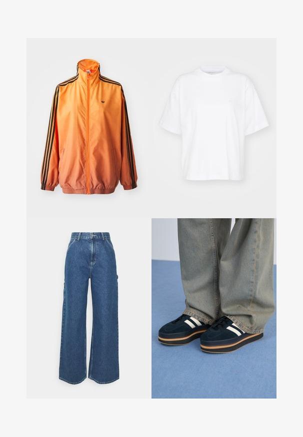 Orange gradient trackjakke lavet af glat stof, med sorte stribede detaljer, høj krave og elastiske manchetter samt lynlås foran.; Hvid bomulds t-shirt med rund hals, korte ærmer og en afslappet pasform. Har et diskret logo på venstre brystområde. Glat tekstur.; Bredde ben blå denimbukser med høj talje, kontrastsyede sømme og sidelommer, med et klassisk fem-lomme design og rå kanter.; Mørkeblå ruskinds-platform sneakers med hvide striber og sorte snørebånd. Har en tyk brun gummisål. Bæres med lyseblå denimbukser.