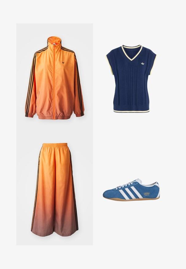 Orange gradient trackjakke lavet af glat stof, med sorte stribede detaljer, høj krave og elastiske manchetter samt lynlås foran.; Marineblå strikket ærmeløs sweatervest med hvid kant på V-hals, ærmegab og kant, med lille hvid Adidas-logo på brystet.; Orange gradient brede bukser med en sort sidestribe, der har en elastisk talje og letvægtsmateriale.; Blå ruskinds sneakers med hvide læderstriber, med rund tå, gummisål og guld "adidas TOKYO" branding på siden.