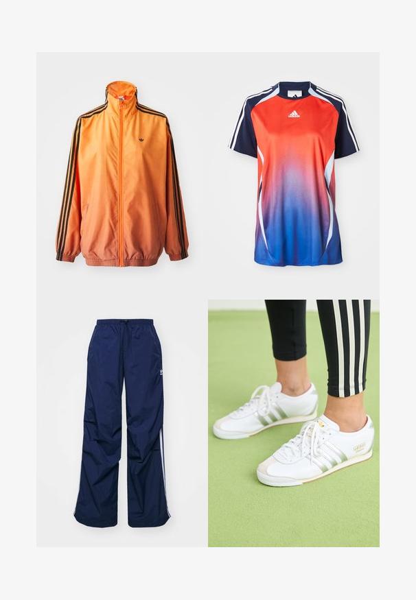 Chaqueta de chándal con degradado naranja, confeccionada en tejido suave, con acentos de rayas negras, cuello alto y puños elásticos, además de un cierre frontal de cremallera.; Camisa deportiva de manga corta de Adidas con un degradado que va del rojo al azul, con detalles en azul marino y rayas blancas a lo largo de los hombros.; Pantalones de color azul marino, ligeros, con cintura elástica y cordón ajustable, con franjas blancas laterales y un pequeño logo en la parte delantera. Diseño de corte holgado.; Pies que llevan zapatillas Adidas Italia blancas con rayas y cordones plateados, de pie sobre una superficie texturizada de color verde claro.