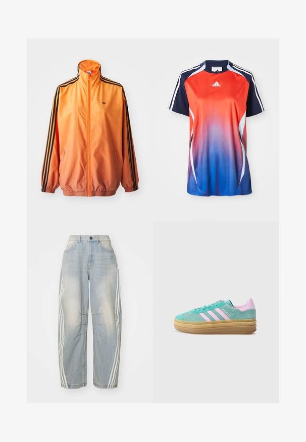 Orangene Gradient-Trackjacke aus glattem Stoff mit schwarzen Streifenakzenten, hohem Kragen und elastischen Bündchen sowie einem Frontreißverschluss.; Adidas Sportshirt mit kurzen Ärmeln in einem Farbverlauf von Rot zu Blau, mit marineblauen Akzenten und weißen Streifen an den Schultern.; Hellblaue Jeans aus Denim mit lockerer Passform, seitlichen weißen Streifen, verwaschenem Design und einem Knopfverschluss an der Taille.; adidas Originals GAZELLE BOLD - Sneaker low - powder teal/bliss lilac/pure teal