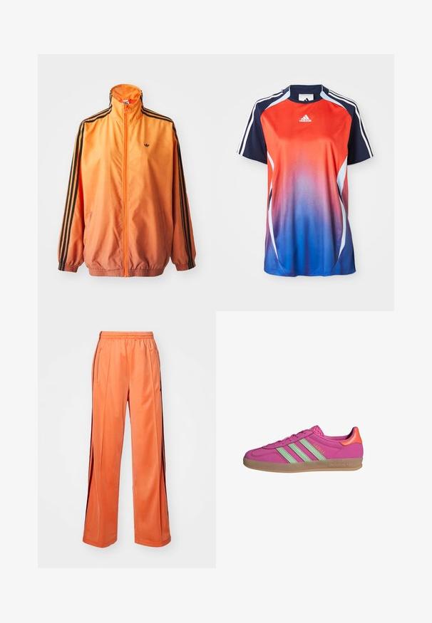 Chaqueta de chándal con degradado naranja, confeccionada en tejido suave, con acentos de rayas negras, cuello alto y puños elásticos, además de un cierre frontal de cremallera.; Camisa deportiva de manga corta de Adidas con un degradado que va del rojo al azul, con detalles en azul marino y rayas blancas a lo largo de los hombros.; Pantalones deportivos naranjas hechos de una tela suave, con un diseño de pierna ancha, cintura elástica y rayas laterales en contraste.; Zapatillas Adidas Gazelle en rosa brillante con rayas verde claro, suela de goma y acento naranja en el talón. Material superior sintético suave.