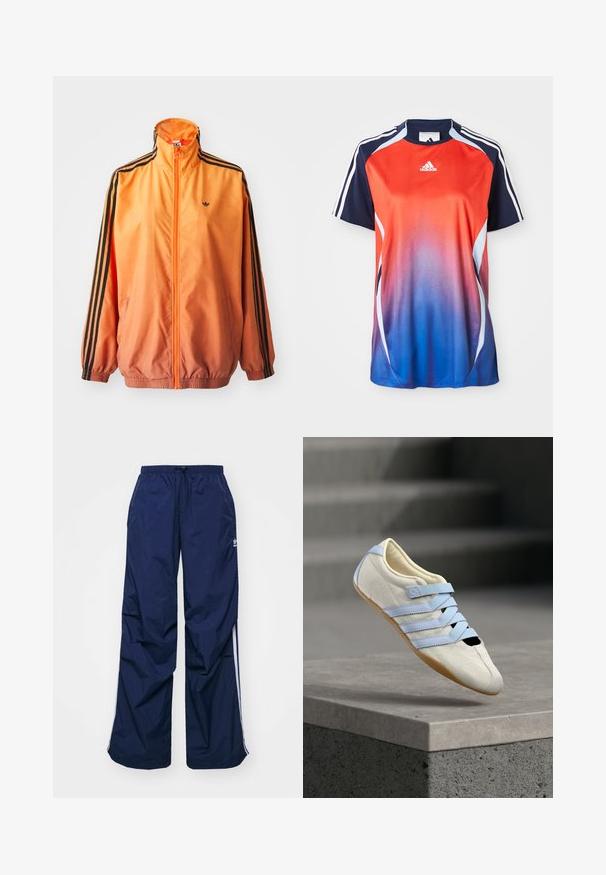 Oranžová gradientová traková bunda vyrobená z hladkej tkaniny, s čiernymi pruhovanými akcentmi, vysokým golierom a elastickými manžetami, s predným zipsom.; Adidas športová košeľa s krátkym rukávom s gradientom od červenej po modrú, s námorníckymi akcentmi a bielymi pruhmi pozdĺž ramien.; Tmavomodré, ľahké nohavice s elastickým pásom a sťahovacou šnúrkou, so svetlými bočnými pásmi a malým logom na prednej strane. Strih voľného strihu.; Biela semišová obuv so svetlomodrými remienkami, čiernou špičkou a gumovou podrážkou. Na hornom diele je vystúpený kvetinový vzor.