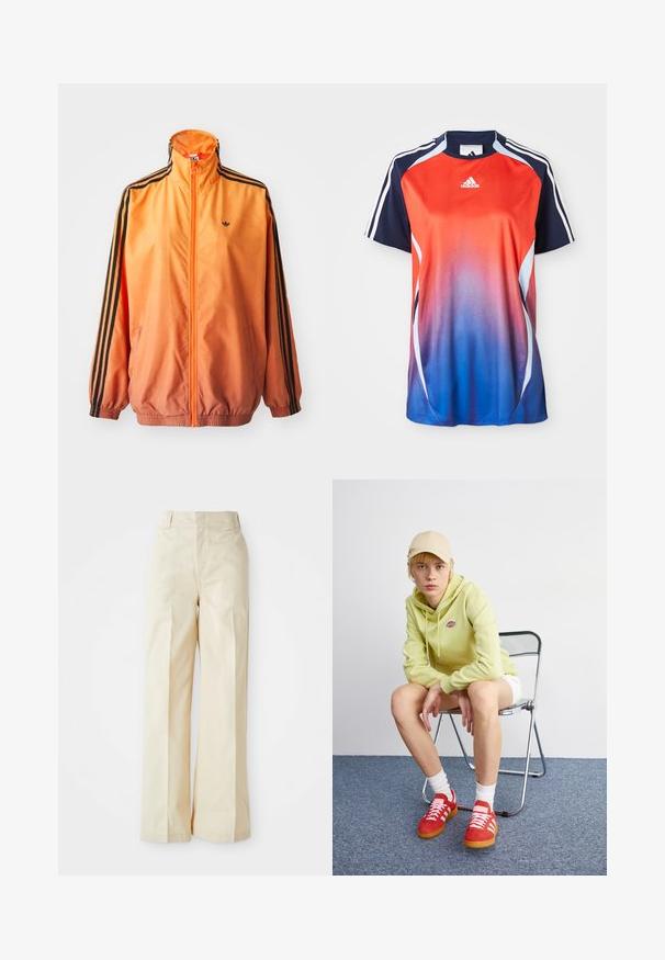 Orange gradient trackjakke lavet af glat stof, med sorte stribede detaljer, høj krave og elastiske manchetter samt lynlås foran.; Adidas kortærmet sports T-shirt med en gradient fra rød til blå, med marineblå akcenter og hvide striber langs skuldrene.; Beige vidde bukser med høj talje, fremstillet af et glat stof og med fint pressede forkantfolder, sat mod en ensfarvet hvid baggrund.; Lysegrøn hættetrøje med logo, hvide shorts, røde sneakers med hvide striber, siddende på en krom foldebænk mod en neutral baggrund.