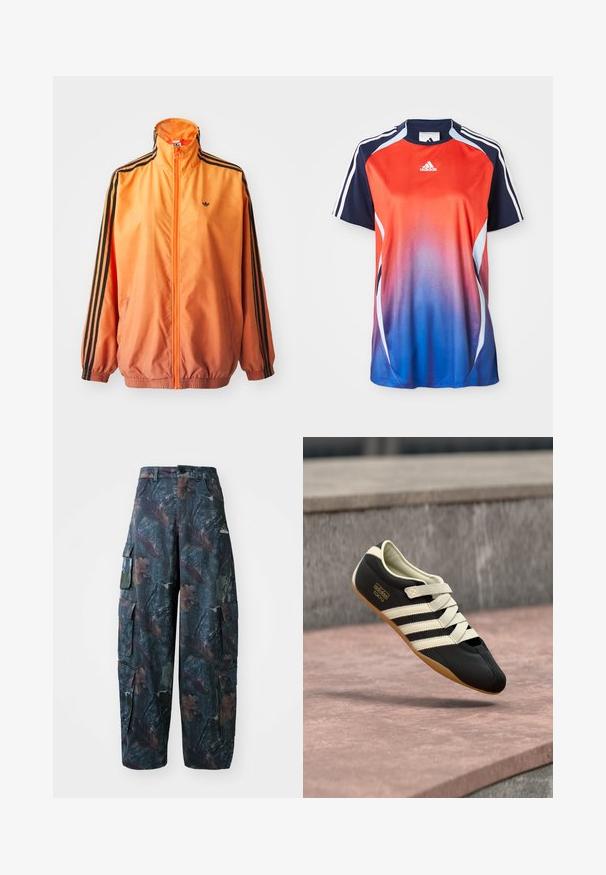 Orange gradient trackjakke lavet af glat stof, med sorte stribede detaljer, høj krave og elastiske manchetter samt lynlås foran.; Adidas kortærmet sports T-shirt med en gradient fra rød til blå, med marineblå akcenter og hvide striber langs skuldrene.; Camo cargo bukser i mørkegrøn og brun, med flere lommer og en løs pasform, lavet af letvægtigt, holdbart stof.; Sort atletiksko med cremefarvede striber og snørebånd, med lav profil, glat tekstur og gummisål for godt greb. Mærkeetiket synlig.