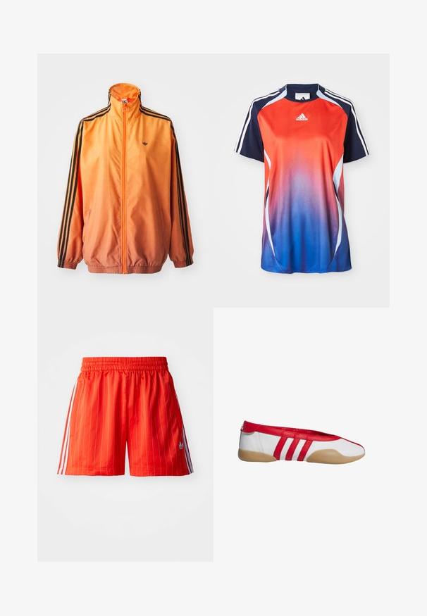 Oranžová gradientová traková bunda vyrobená z hladkej tkaniny, s čiernymi pruhovanými akcentmi, vysokým golierom a elastickými manžetami, s predným zipsom.; Adidas športová košeľa s krátkym rukávom s gradientom od červenej po modrú, s námorníckymi akcentmi a bielymi pruhmi pozdĺž ramien.; Červené športové šortky s vertikálnymi bielymi pruhmi, elastickým pásom a svetlomodrými akcentmi po stranách. Obsahujú bočné vrecká.; Červená a biela plochá obuv s okrúhlou špičkou, vyrobená z hladkého syntetického materiálu. Má tri červené pruhy a svetlohnedú gumovú podrážku.