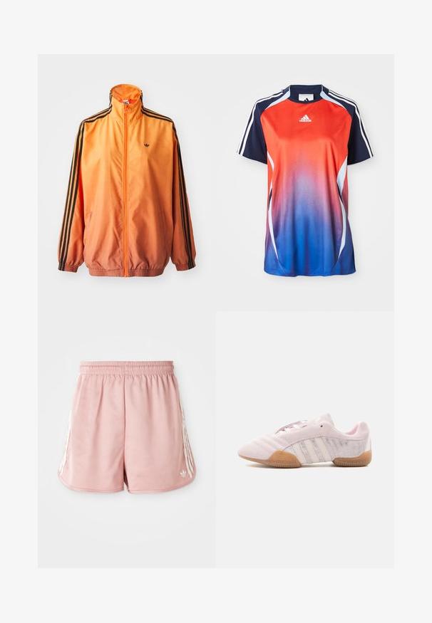 Orange gradient trackjakke lavet af glat stof, med sorte stribede detaljer, høj krave og elastiske manchetter samt lynlås foran.; Adidas kortærmet sports T-shirt med en gradient fra rød til blå, med marineblå akcenter og hvide striber langs skuldrene.; Lyserøde atletiske shorts med elastisk talje, hvid stribe detaljering på siden og et lille logo på den nederste venstre forside. Glat stofstruktur.; Lyserød ruskindssneaker med hvide striber, gummisål og teksturerede sidestykker, vist fra indersiden på en hvid baggrund.