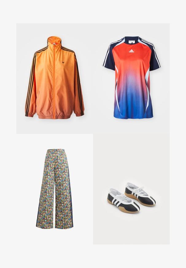 Orange gradient trackjakke lavet af glat stof, med sorte stribede detaljer, høj krave og elastiske manchetter samt lynlås foran.; Adidas kortærmet sports T-shirt med en gradient fra rød til blå, med marineblå akcenter og hvide striber langs skuldrene.; Breddebenede blomsterbukser med en blå baggrund, der har et farverigt mønster af røde, gule og blå blomster samt en elastisk talje.; Sort-hvide sportsko med et slankt design, gummisål, snørebåndslukning og tre hvide striber på siden.
