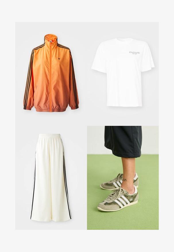 Orange gradient trackjakke lavet af glat stof, med sorte stribede detaljer, høj krave og elastiske manchetter samt lynlås foran.; Hvid bomulds T-shirt med rund hals, korte ærmer og et lille trykt logo på venstre bryst. Glat tekstur, afslappet pasform.; Hvide løse bukser med elastisk talje og sorte lodrette striber langs yderseams.; Grønne og grå sneakers med tre hvide striber, materialer af ruskind og mesh, lavt design og et logo-tag. Standard gummisål.