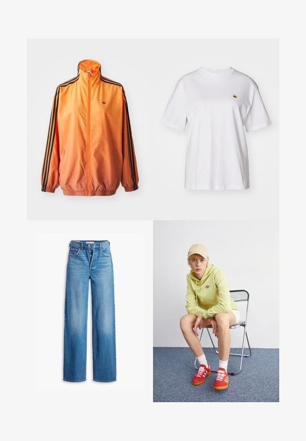 Oranje gradient trackjack met een gladde stof, voorzien van zwarte gestreepte accenten, hoge kraag en elastische manchetten met een rits aan de voorkant.; Witte katoenen t-shirt met een relaxte pasvorm, korte mouwen en een klein geborduurd logo op de linkerborst.; Blauwe spijkerbroek met een hoge taille, wijde pijpen en vijf-pocketstijl. Voorzien van een knopenfly en een vervaagde afwerking.; Lichtgroene hoodie met logo, witte shorts, rode sneakers met witte strepen, zittend op een chroom opvouwstoel tegen een neutrale achtergrond.