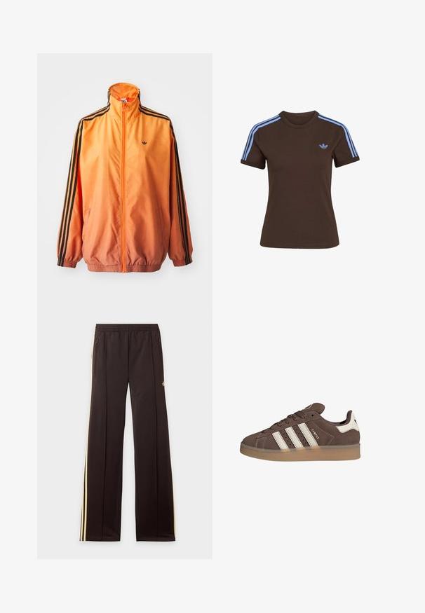 Chaqueta de chándal con degradado naranja, confeccionada en tejido suave, con acentos de rayas negras, cuello alto y puños elásticos, además de un cierre frontal de cremallera.; Camiseta marrón de manga corta con tres rayas azul claro en los hombros y pequeño logo de Adidas azul claro en el pecho izquierdo.; Pantalones de chándal negros con rayas amarillas laterales, cintura elástica, bolsillos laterales con cremallera y un pequeño logo en el muslo superior.; Zapatilla de ante marrón con detalles en cuero blanco y tres rayas blancas. Presenta una puntera redonda y una suela de goma. Logotipo en el lateral.
