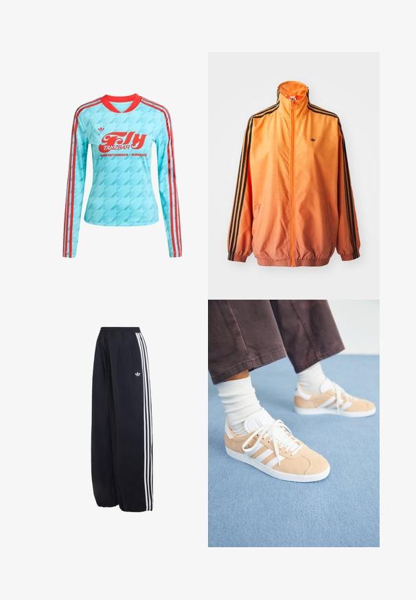 Chaqueta de chándal con degradado naranja, confeccionada en tejido suave, con acentos de rayas negras, cuello alto y puños elásticos, además de un cierre frontal de cremallera.; Camiseta deportiva de manga larga en azul claro con acentos rojos y tres franjas. Presenta un gráfico de texto en rojo atrevido y un patrón de pata de gallo.; Pantalones deportivos negros de Adidas con tres franjas blancas a los lados y cintura y puños elásticos.; Zapatillas de ante beige con acentos blancos, que presentan tres rayas, punta redonda y suela texturizada; combinadas con calcetines blancos de caña corta.