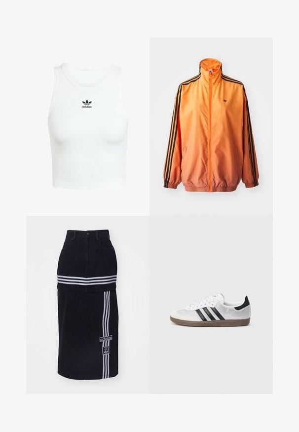 Oranžistest gradientidega jooksjakas, mis on valmistatud siledast kangast, mustade triipudega aktsentidega, kõrge kaelusega ja elastsete paeltega, ees tõmblukuga.; Valge puuvillane tank top, millel on vormiv ribatud tekstuur, ümmargune kaelus ja ees must õmmeldud Adidas logo.; Musta denimsinine seelik kõrge vöökohaga, millel on kaks valget horisontaalset triipu, Adidas logo silt külje peal ja sirge lõikega disain.; Valged võrgust tennised mustade triipude, beežide seemisnahast varbakatte ja kannaaktsendiga, tekstureeritud kummist tallaga ja valgete paeltega. Klassikalise madala lõikega disain.