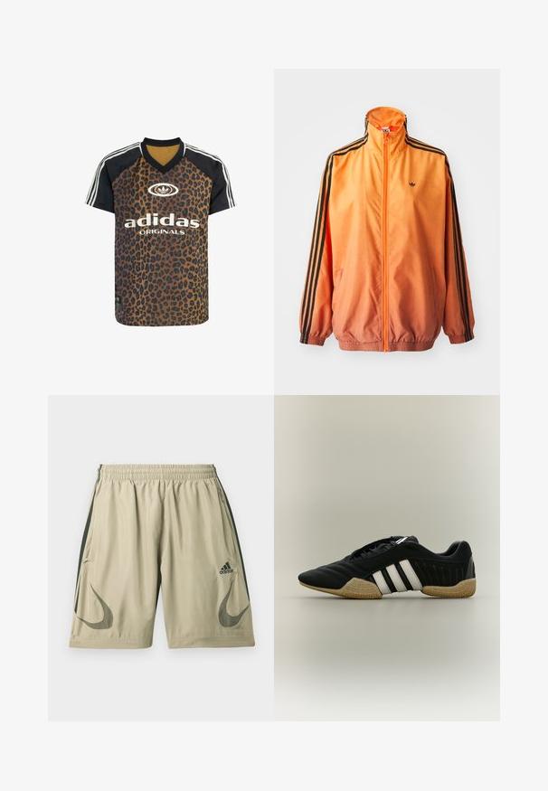 Orange gradient trackjakke lavet af glat stof, med sorte stribede detaljer, høj krave og elastiske manchetter samt lynlås foran.; adidas Originals LEO PRINT SATIN - T-shirts print - multicolor bronze strata; Lysebeige atletikshorts lavet af letvægtsstof, med mørkegrønne stripes langs siderne, elastisk taljebånd og logo-accenter.; Sort atletiksko med hvide striber og beige tekstureret sål på en neutral baggrund, vist i sideprofil.
