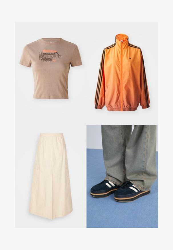 Orangene Gradient-Trackjacke aus glattem Stoff mit schwarzen Streifenakzenten, hohem Kragen und elastischen Bündchen sowie einem Frontreißverschluss.; Braunes Baumwoll-T-Shirt, kurze Ärmel, Rundhals. Auf der Vorderseite ist ein "PARADISE"-Grafik in Orange mit Landschafts- und Palmen-Design.; Beiger Cargo-Rock mit elastischem Bündchen, Seitentaschen und lockerer Passform. Der Stoff wirkt glatt mit einem leichten Glanz.; Dunkelblaue Wildleder-Plattform-Sneaker mit weißen Streifen und schwarzen Schnürsenkeln. Mit einer dicken braunen Gummisohle ausgestattet. Tragen Sie sie mit hellblauen Jeans.