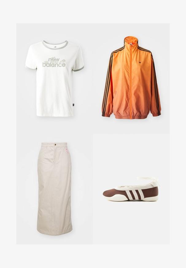 Oranje gradient trackjack met een gladde stof, voorzien van zwarte gestreepte accenten, hoge kraag en elastische manchetten met een rits aan de voorkant.; Witte katoenen t-shirt met grijze afwerking, voorzien van een bloemenontwerp en de tekst "new balance" in lichtgroen. Korte mouwen, normale pasvorm.; Beige gestreepte rok met een hoge taille, verborgen rits en metalen knoopsluiting. Inclusief een klein merklabel aan de voorkant.; Bruine en witte ballerinaschoenen met drie witte strepen en een strik om de enkel op een effen lichte achtergrond.