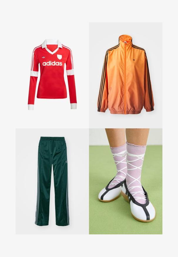 Chaqueta de chándal con degradado naranja, confeccionada en tejido suave, con acentos de rayas negras, cuello alto y puños elásticos, además de un cierre frontal de cremallera.; Camiseta de fútbol de manga larga roja con un cuello y puños blancos. Presenta tres rayas blancas en los hombros y el logotipo de "adidas" en un lugar destacado.; Pantalones deportivos de color verde oscuro, hechos de un material brillante, con franjas laterales en gris claro y un logotipo bordado en la pierna izquierda.; Piernas con calcetines lavanda acanalados con tiras blancas cruzadas combinados con bailarinas blancas con ribete negro sobre un suelo verde.