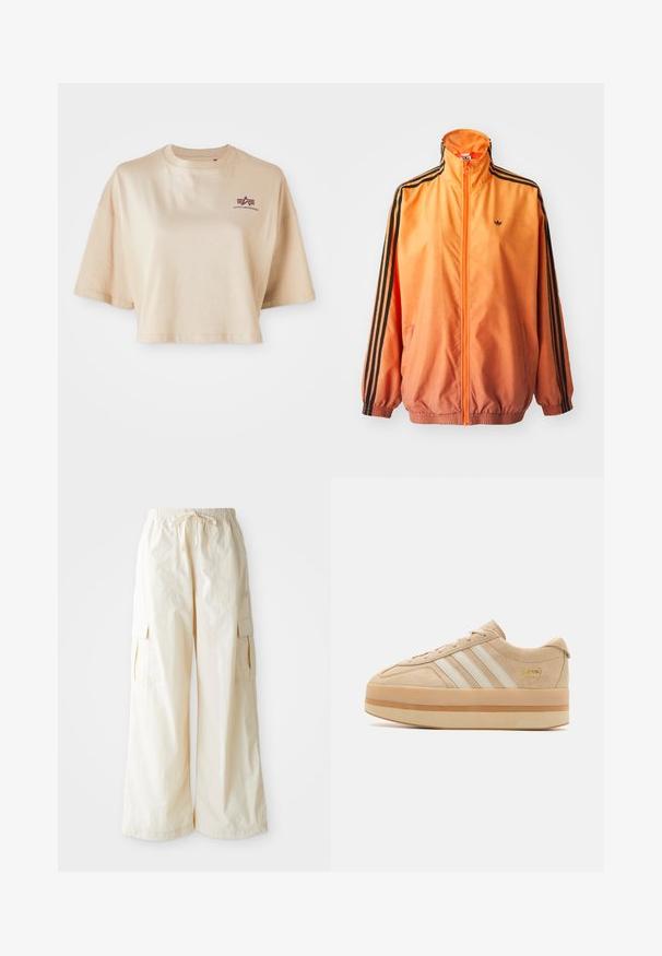 Orange gradient trackjakke lavet af glat stof, med sorte stribede detaljer, høj krave og elastiske manchetter samt lynlås foran.; Beige cropped t-shirt lavet af bomuld, med korte ærmer, en rund halsudskæring og et maroon logo grafik på venstre bryst.; Bredde cargo bukser i lys beige stof med elastisk talje, snøre lukning og sidelommer. Glat tekstur med minimal detaljer.; Beige ruskindsplatform sneakers med hvide tre striber, rund tå og beige gummisål med en guld logo accent på siden.