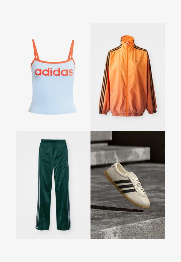 Chaqueta de chándal con degradado naranja, confeccionada en tejido suave, con acentos de rayas negras, cuello alto y puños elásticos, además de un cierre frontal de cremallera.; Camiseta sin mangas de color azul claro con ribete naranja, que presenta un atrevido logotipo rojo de "adidas" en el pecho. Hecha de una tela suave y elástica. Tirantes finos.; Pantalones deportivos de color verde oscuro, hechos de un material brillante, con franjas laterales en gris claro y un logotipo bordado en la pierna izquierda.; Zapatilla blanca con rayas negras y suela de goma suspendida sobre escaleras de hormigón en luz diurna suave.