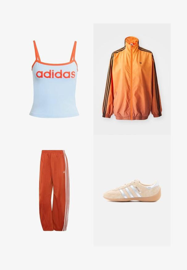 Chaqueta de chándal con degradado naranja, confeccionada en tejido suave, con acentos de rayas negras, cuello alto y puños elásticos, además de un cierre frontal de cremallera.; Camiseta sin mangas de color azul claro con ribete naranja, que presenta un atrevido logotipo rojo de "adidas" en el pecho. Hecha de una tela suave y elástica. Tirantes finos.; Pantalones deportivos naranjas de Adidas con tres rayas blancas en los lados y un bolsillo con cremallera en el muslo derecho.; Zapatilla beige de ante con acentos plateados, tres franjas laterales, suela de goma y detalles texturizados en la puntera y el talón.