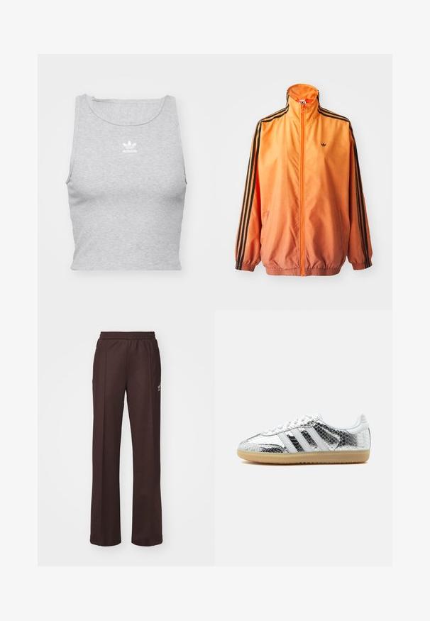 Orangene Gradient-Trackjacke aus glattem Stoff mit schwarzen Streifenakzenten, hohem Kragen und elastischen Bündchen sowie einem Frontreißverschluss.; Graues, ärmelloses Crop-Top aus weichem Stoff, mit Rundhalsausschnitt und kleinem weißen Adidas-Logo auf der Brust.; Braune Sporthose mit einem elastischen Bund, zwei Seitentaschen und einem kleinen Logo auf der linken Seite, gefertigt aus weichem Stoff.; Low-Top-Sneaker mit silber metallic Schlangenhautstruktur, weißen Streifen, weißen Schnürsenkeln und heller Gummisohle auf weißem Hintergrund.