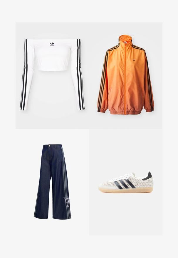 Chaqueta de chándal con degradado naranja, confeccionada en tejido suave, con acentos de rayas negras, cuello alto y puños elásticos, además de un cierre frontal de cremallera.; Top corto blanco de manga larga y sin hombros en tejido elástico. Presenta acentos en negro con tres rayas en las mangas y un pequeño logo negro en el pecho.; Pantalones vaqueros de pierna ancha azul oscuro con rayas grises en los laterales, cierre de botones, bolsillos delanteros y parche con el logo de Adidas en la pierna izquierda.; Zapatillas deportivas de malla blanca con diseño de tres franjas negras, punta redondeada y suela de goma color café. Cuentan con un cuello de talón suave y cierre de cordones.