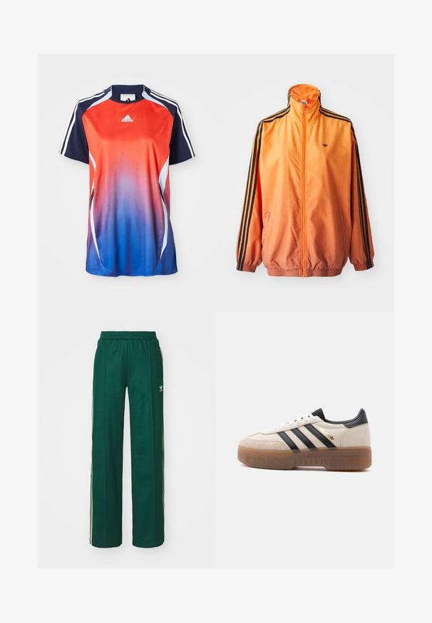 Oranžová gradientová traková bunda vyrobená z hladkej tkaniny, s čiernymi pruhovanými akcentmi, vysokým golierom a elastickými manžetami, s predným zipsom.; Adidas športová košeľa s krátkym rukávom s gradientom od červenej po modrú, s námorníckymi akcentmi a bielymi pruhmi pozdĺž ramien.; Tmavohnedé športové nohavice s voľným strihom, s nastaviteľným pásom na šnúrku, postrannými vreckami a smotanovými pruhmi po stranách.; Biela a béžová teniska s čiernymi pruhmi, čiernou pätovou záložkou, zlatou nálepkou "Spezial" a robustnou priehľadnou hnedou podrážkou.