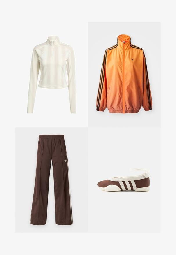 Orange gradient trackjakke lavet af glat stof, med sorte stribede detaljer, høj krave og elastiske manchetter samt lynlås foran.; Hvid langærmet zip-up top med høj krave, der har subtile lodrette striber og logoaccenter på brystet og ærmet. Blødt stof.; Brune atletiske bukser med vidde ben, hvide striber på siden, elastisk linning og to sidelommer. Har et lille logo på benet.; Brun og hvid balletflad sko med tre hvide striber og ankelbånds sløjfe på en ensartet lys baggrund.