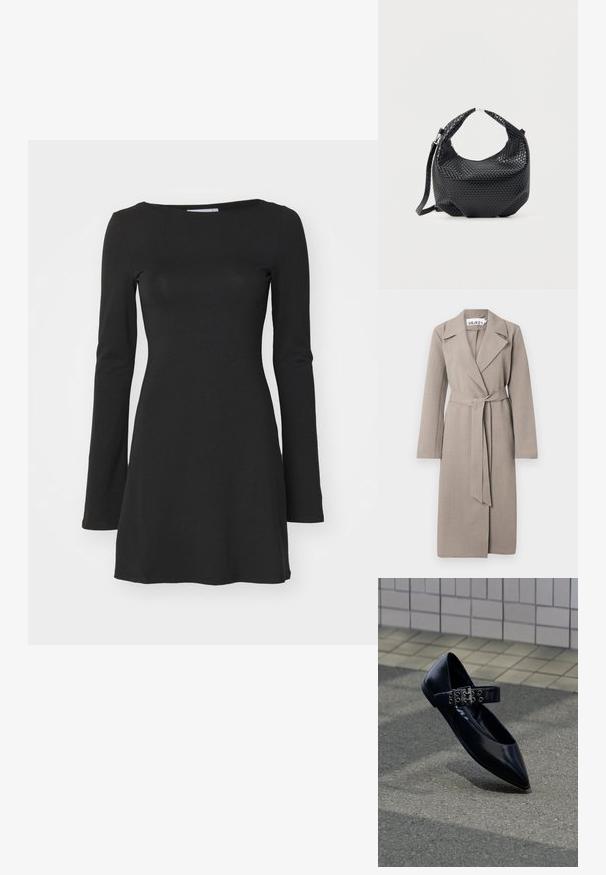 Hellbrauner langer Trenchcoat mit Gürtel, breiten Revers und langen Ärmeln, präsentiert vor weißem Hintergrund.; Langärmliges schwarzes Kleid aus weichem, dehnbarem Material; verfügt über einen runden Ausschnitt und eine ausgestellte Silhouette, geeignet für die Freizeit.; Schwarzer flacher Schuh mit spitzer Spitze und einem breiten Riemen mit doppelter silberner Schnalle und Ösen, aufrecht auf Asphalt nahe einer gefliesten Wand platziert.; Schwarze gewebte Lederhandtasche mit kurzem Griff und abnehmbarem Schulterriemen, präsentiert vor einem schlichten hellen Hintergrund.