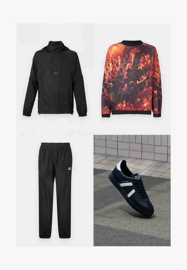 Mustast pikast varrukast pusajakist eespool poollukuga, elastsete mansettidega, nööriga ääres, kapuutsi ning väikese Umbro logoga rinnal.; Kampsärk, millel on graafiline print udust rahvast kontserdil, kus tõstetud käed ja soe oranž-punane valgus.; Mustad musta Umbro treeningpüksid, millel on elastne vöökoht, küljetaskud, kitsenevad sääred ja logo paremal reie kohal valgel taustal.; Must have musta sneaker musta valgete triipudega, tekstuurne kummitald ja nööridega esiosa. Omab bränditud märki keele peal.