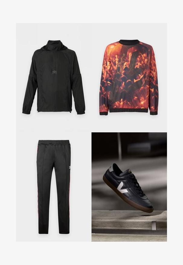 Mustast pikast varrukast pusajakist eespool poollukuga, elastsete mansettidega, nööriga ääres, kapuutsi ning väikese Umbro logoga rinnal.; Kampsärk, millel on graafiline print udust rahvast kontserdil, kus tõstetud käed ja soe oranž-punane valgus.; Mustad mustadest spordipükstest, mis on valmistatud siledast kangast, punaste külgtriipudega, elastse vöökohtadega ja logoga ülemisel paremal jalal.; Mustaline ehted mustast nahast tossud valge V-logoga, sidumisfront, perforeeritud detailid ja pruun kummitala; stiilne disain minimaalse aktsendiga.