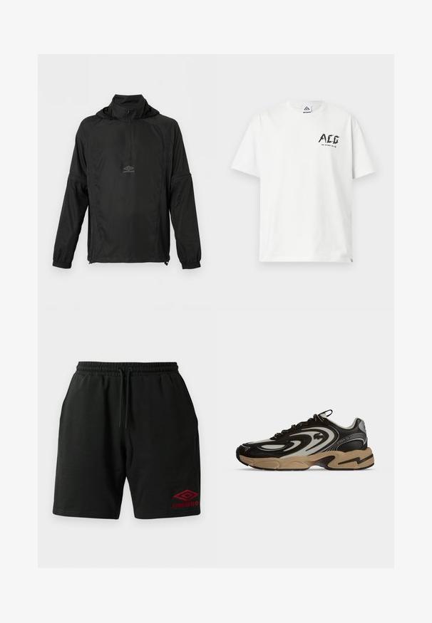 Sort langærmet pullover-jakke med halv lynlås foran, elastiske manchetter, snørelukning forneden, hætte og lille Umbro-logo på brystet.; Hvid kortærmet T-shirt med sort "ACG" logo og teksten "FOR OUTDOOR USE" på den øverste venstre del af brystet.; Sorte shorts med snøre og sidelommer, samt rød Umbro-logo broderet på det nederste venstre ben.; Sort og beige sneaker med bølgemønstre, snørelukning og tyk sål på en ensfarvet lys baggrund.