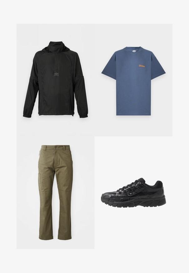 Musta pitkähihaisen puseron yläosa, jossa on etuosassa puolivetoketju, joustavat hihansuut, kiristysnyöri helmassa, huppu ja pieni Umbro-logo rinnassa.; Sininen lyhythihainen pyöreäkauluksinen t-paita, jossa pieni oranssi "Dickies"-logo vasemmassa rinnassa, valkoisella taustalla.; Khaaki cargo-housut, jotka on valmistettu kestävästä puuvillakankaasta. Niissä on sivutaskut, suorat lahkeet ja vetoketjuluukku nappikiinnityksellä.; Musta urheilukenkä, jossa on verkko- ja synteettinen päällinen, tekstuuri pinta, nauhakiinnitys ja kuvioitu kumipohja pidon varmistamiseksi.