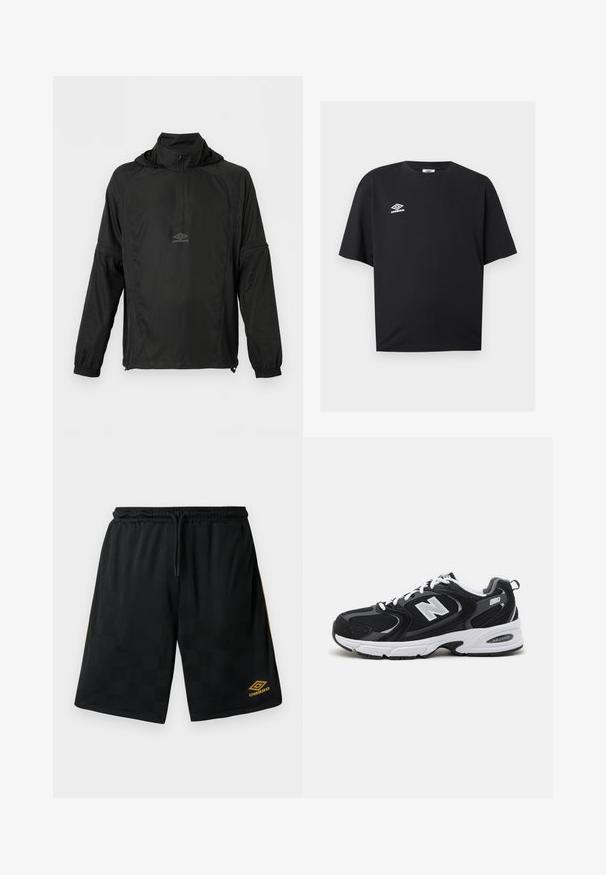 Chaqueta negra de manga larga con medio cierre frontal, puños elásticos, dobladillo con cordón, capucha y pequeño logo de Umbro en el pecho.; Camiseta negra de manga corta con cuello redondo y pequeño logotipo blanco de Umbro en el pecho izquierdo, mostrada sobre un fondo claro y liso.; Bermudas deportivas negras con un sutil patrón de cuadros, cinturilla elástica con cordón, logo de Umbro dorado en la parte inferior de la pierna y franjas doradas en los lados.; Zapatillas deportivas en negro y gris con parte superior de malla y ante, que cuentan con una entresuela blanca, cordones y un llamativo logo "N" en el lateral.