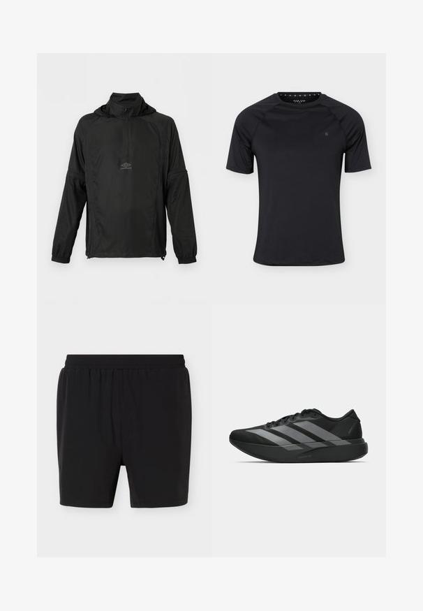 Veste à enfiler noire à manches longues avec demi-fermeture éclair à l'avant, poignets élastiques, cordon de serrage à l'ourlet, capuche et petit logo Umbro sur la poitrine.; T-shirt de sport noir à manches courtes avec col rond et petit logo sur la poitrine gauche, présenté sur un fond clair uni.; Shorts de sport noirs avec une taille élastique, un ourlet droit et un tissu lisse, présentés sur un fond clair uni.; Chaussures de sport noires au design léger, présentant trois rayures grises marquées, une texture lisse et une semelle profilée.
