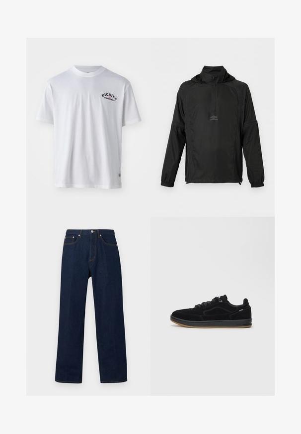 Musta pitkähihaisen puseron yläosa, jossa on etuosassa puolivetoketju, joustavat hihansuut, kiristysnyöri helmassa, huppu ja pieni Umbro-logo rinnassa.; Valkoinen puuvillapaita lyhyillä hihoilla, pyöreällä kaula-aukolla, jossa on musta painettu logo, joka lukee "DICKIES WORKWEAR" vasemmassa rinnassa.; Tummansiniset suorat farkut, joissa on etunapit, vetoketjusuljenta ja viiden taskun malli yksivärisellä taustalla.; Mustat mokkanahkakengät, joissa on sileä kumipohja. Kenkien design on matala, pyöreät nauhat ja hillityt ompelukoristelut.