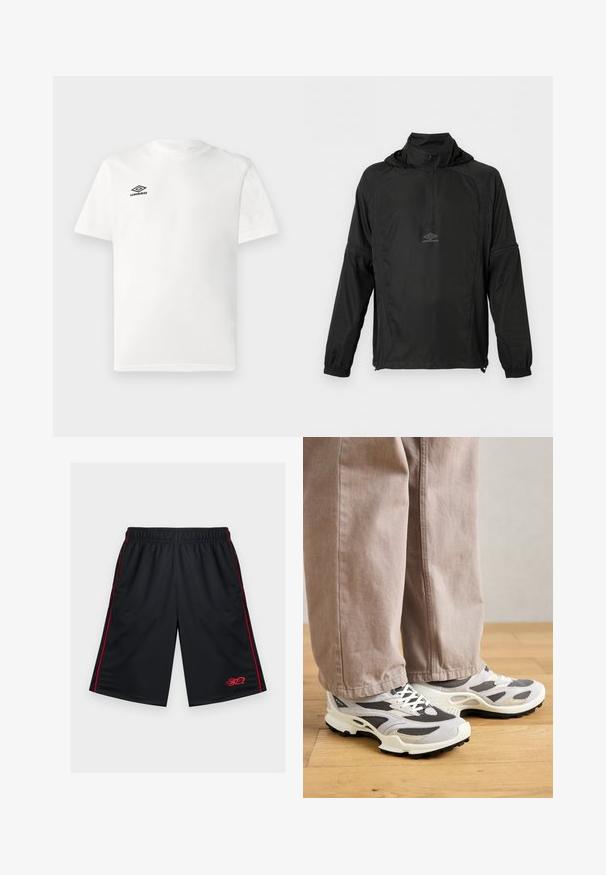 Schwarzer Pullover mit langen Ärmeln, halbem Reißverschluss vorne, elastischen Bündchen, Kordelzugsaum, Kapuze und kleinem Umbro-Logo auf der Brust.; Weißes T-Shirt mit kurzen Ärmeln und schwarzem Umbro-Logo auf der linken Brust, Rundhalsausschnitt, schlichtes Design, auf hellem Hintergrund präsentiert.; Schwarze Mesh-Athletikshorts mit roten Seitenstreifen und einem roten Flammendesign nahe dem unteren Saum, elastischer Bund, seitliche Reißverschlusstaschen.; Person, der beiger weit geschnittener Hose und grau-weißen Sneakern steht auf einem Holzboden.