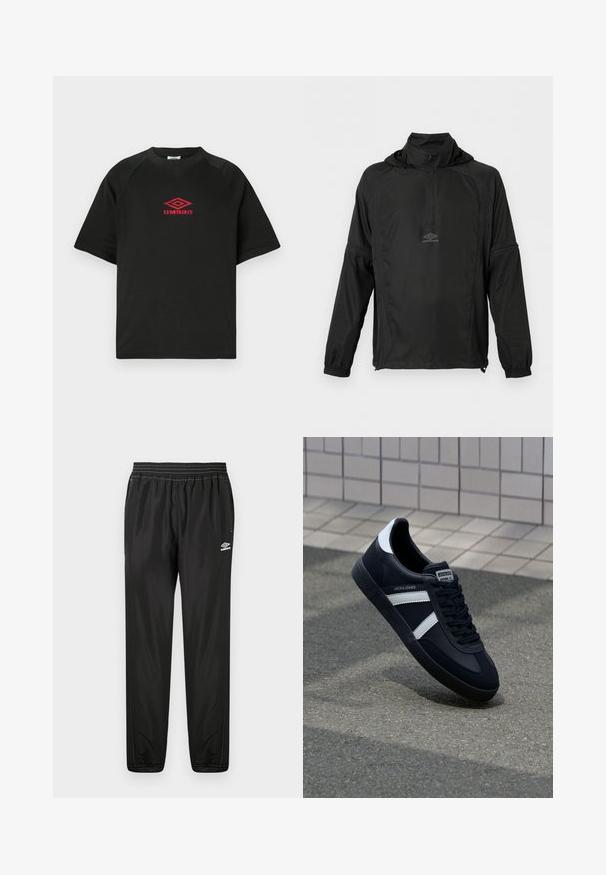 Mustast pikast varrukast pusajakist eespool poollukuga, elastsete mansettidega, nööriga ääres, kapuutsi ning väikese Umbro logoga rinnal.; Must alusseigiga T-särk musta värvi, lühikeste varrukatega, mille rinnal on keskel punane Umbro logo, valge tausta taustal.; Mustad musta Umbro treeningpüksid, millel on elastne vöökoht, küljetaskud, kitsenevad sääred ja logo paremal reie kohal valgel taustal.; Must have musta sneaker musta valgete triipudega, tekstuurne kummitald ja nööridega esiosa. Omab bränditud märki keele peal.