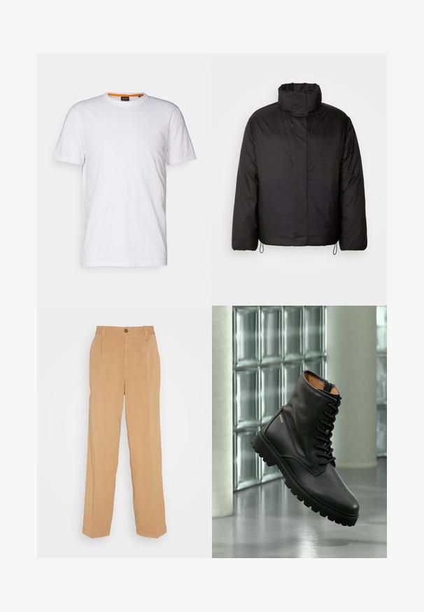 Chaqueta de plumas negra con cuello alto, cierre frontal con cremallera, mangas largas y cordones elásticos en el dobladillo. Textura suave y ligera.; Camiseta de algodón blanca con cuello redondo, mangas cortas y un sutil logo en relieve en el pecho. La etiqueta interior tiene un acento naranja.; Pantalones de pierna ancha en beige, fabricados con tejido suave, que cuentan con dos bolsillos frontales, un cierre de botón y detalles de pliegues a lo largo de las piernas.; Bota de combate de cuero negro con cordones y suela gruesa, logotipo dorado "HUGO" en el lateral, mostrada en un ambiente interior moderno con pared de bloques de vidrio de fondo.